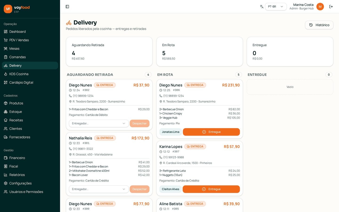 Delivery próprio, sem taxa por pedido — Tela real da conta de demonstração Burger Hub