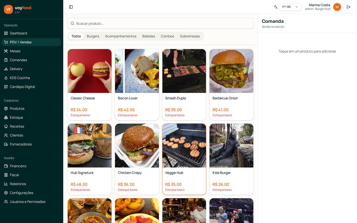 Tela real da conta de demonstração Burger Hub